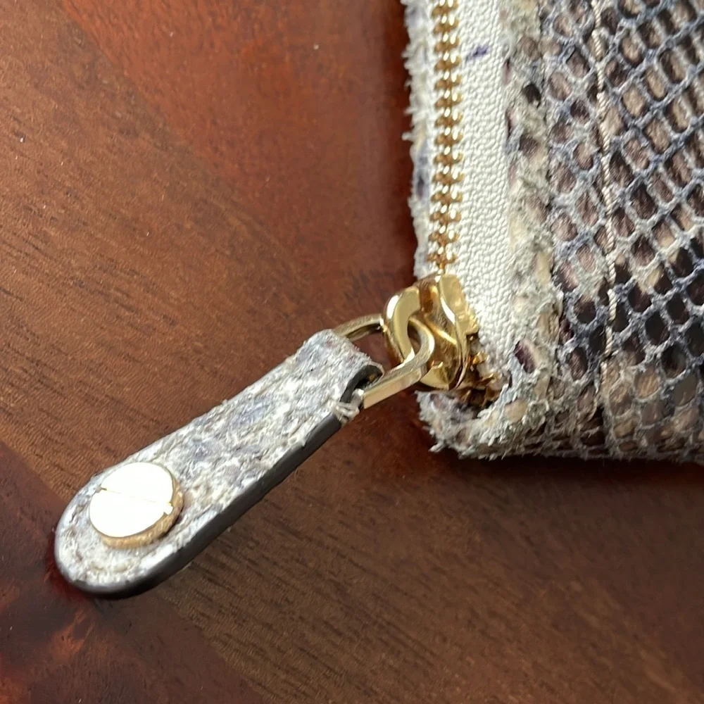 Michael Kors black brown snakeskin embossed logo gold tone zippered wallet